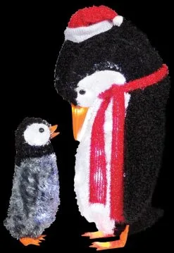 Morris "Fuzzy Plush Mommy And Baby Penguin" Light Up Christmas Decoration