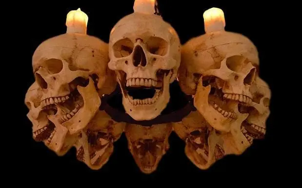 Skeletons And More "Skull Chandelier With 8 Skulls And Flameless Candles" Haunted House Lighting 3 Skeletons And More "Skull Chandelier With 8 Skulls And Flameless Candles" Haunted House Lighting